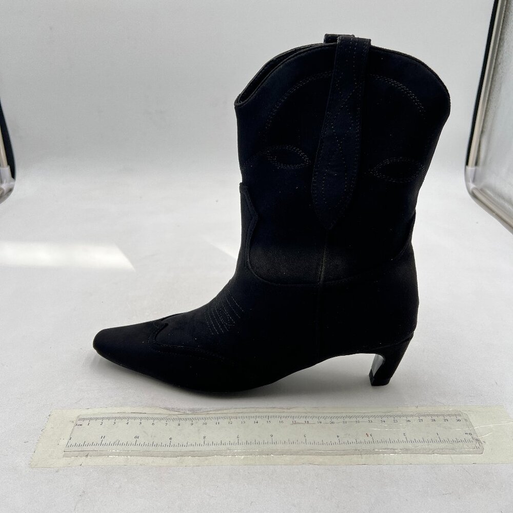 Black Square Toe Comfort Kitten Heel Ankle Boot Pull On Bootie Winter Shoes